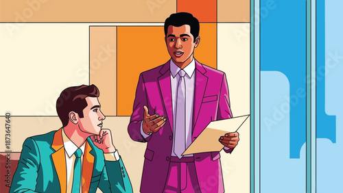 Vibrant illustration of two professional men engaged in a dynamic business discussion within a