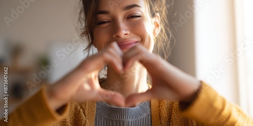 Young woman makes heart shape with hands, smiling warmly in cozy indoor setting, expressing love and joy in natural sunlight streaming through window