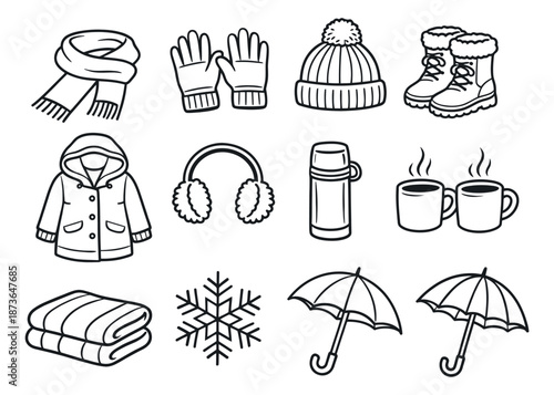 Hand drawn line art winter essentials set featuring warm apparel and cozy items for cold weather comfort