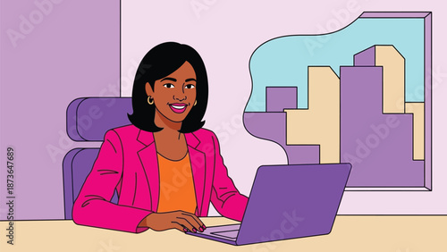 Vibrant illustration of a cheerful woman working diligently on her laptop in a contemporary office