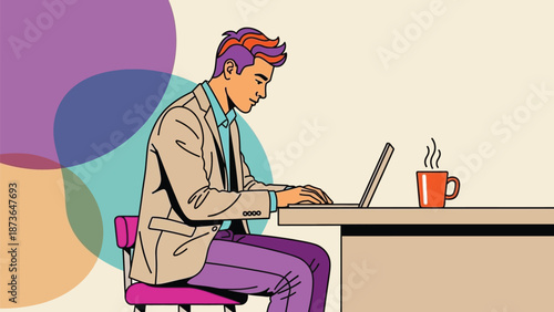 Stylized illustration of a dedicated professional concentrating on laptop tasks in a vivid office