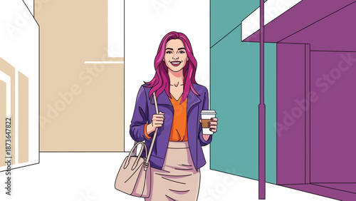 Vibrant woman with pink hair enjoying a casual urban stroll holding her morning coffee and stylish