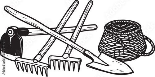 Gardening tools and basket on a clean white background