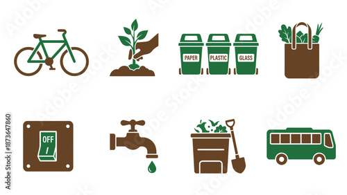 Eco-Friendly Lifestyle Icons Set: Green Living, Sustainability, Recycling, Conservation, Public Transport & Nature