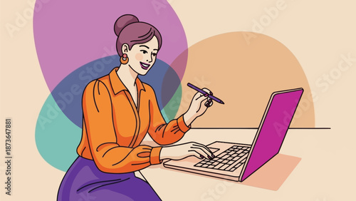 Vibrant illustration of a modern professional woman working digitally with laptop and stylus