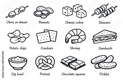 Hand drawn line art party snacks set featuring chips, pretzels, and cheese cubes for a gathering