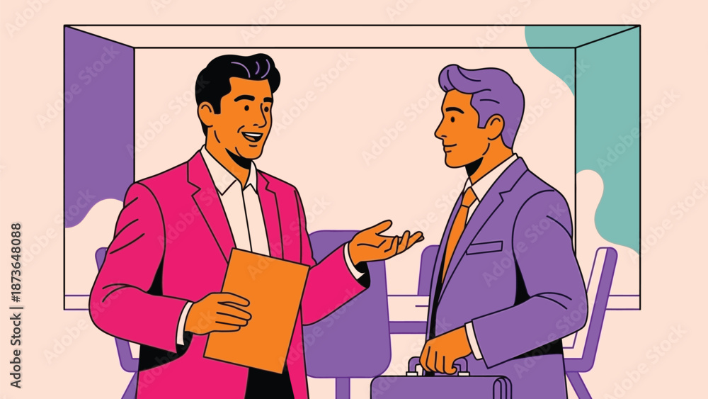 Fototapeta premium Engaging professional dialogue between two stylish businessmen in a contemporary office environment