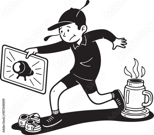 Cartoon detective boy running with evidence and coffee nearby