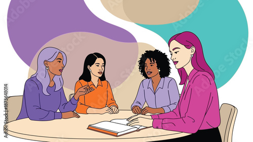 Four confident women collaborating around a table, actively discussing and brainstorming new ideas