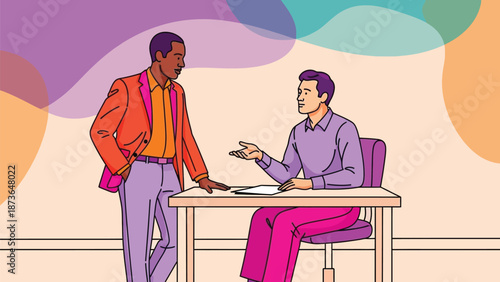 Professional consultation with diverse individuals exchanging ideas in a vibrant office setting