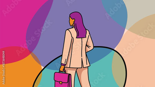 Empowered professional woman walking forward with a briefcase, navigating a vibrant abstract