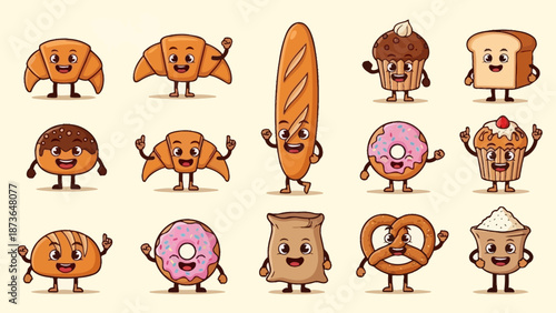 Cute Cartoon Bakery Food Characters Having Fun, Food Mascots Collection