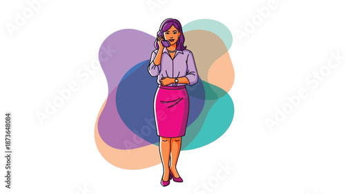 Professional woman communicating via classic phone with vibrant abstract background for customer