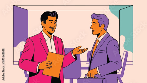 Engaging professional dialogue between two stylish businessmen in a contemporary office environment