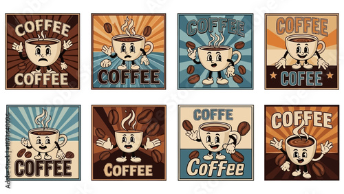 Retro Coffee Cup Characters with Anthropomorphic Features, Vintage Style Posters