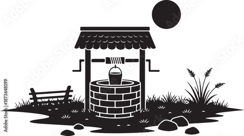 Black and white illustration of a rural well scene