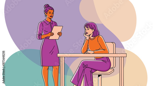 Engaged professional women collaborate in a vibrant office setting, sharing insights during an