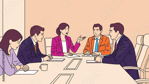Dynamic business meeting with diverse professionals collaborating and discussing strategic