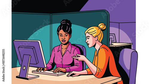 Two dynamic professionals collaborate efficiently at their workstations fostering shared