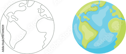 Earth Globe Comparison with Outline Drawing and Colored Illustration Vector
