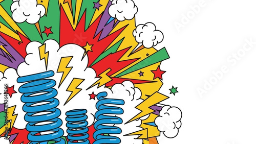 Explosion of Comic Style with Springs and Lightning Bolts, Dynamic Retro Design
