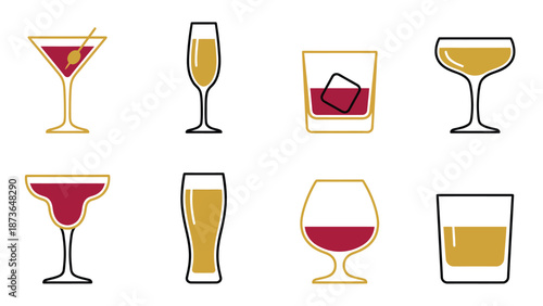 Variety of Drink Glass Icons. Stylized Cocktail, Wine, Beer, and Spirit Glassware Set in Flat Line Art.