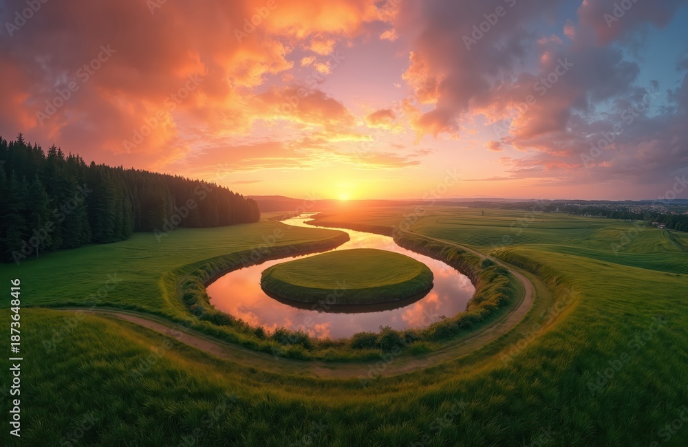 Fototapeta premium Aerial view of winding river during sunset. Green meadow reflects colourful sky. Sun illuminates horizon with forest. Rural landscape view serene, peaceful. Natural scenery shines with tranquil