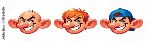 Three cartoon faces with big ears and mischievous smiles