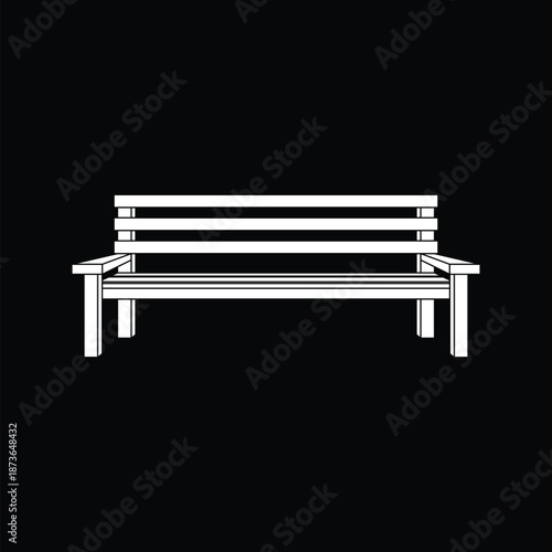 Park bench vector icon. White line art illustration of a wooden seat isolated on black background. Outdoor furniture symbol for map, signage, or landscape design.