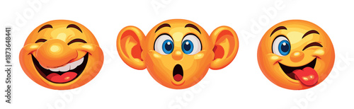 Three cartoon emojis with different expressions and large ears on orange background