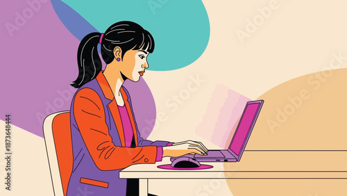 Focused professional woman enhancing productivity through digital work, engaging with modern