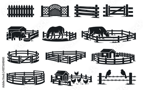 Silhouette farm fences and gates set featuring various animal enclosures, a chicken coop, and birds for agricultural and rural design