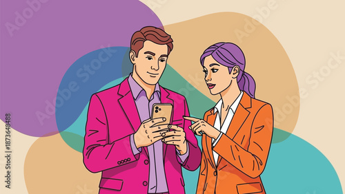 Professional duo engaging with a smartphone, discussing digital content in a colorful setting