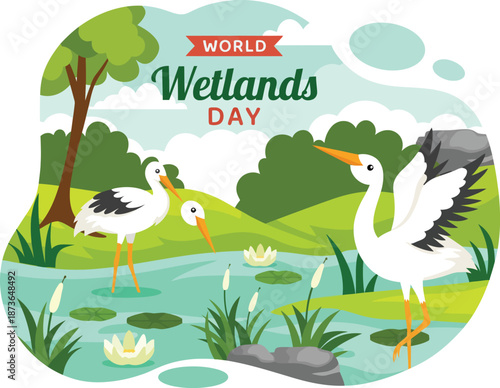 Playful Cartoon Illustration of Storks in a Pond for World Wetlands Day, Colorful Nature Conservation Graphic