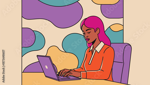Vibrant illustration of a focused woman productively working on her purple laptop amidst a