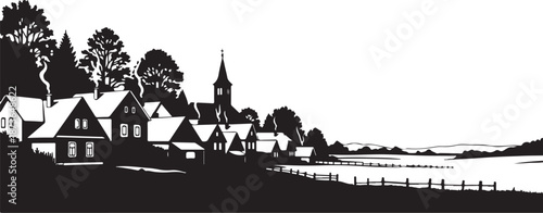 Black and white village by the serene lake shore