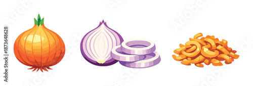 Whole onion, sliced onion, and onion rings on gradient background
