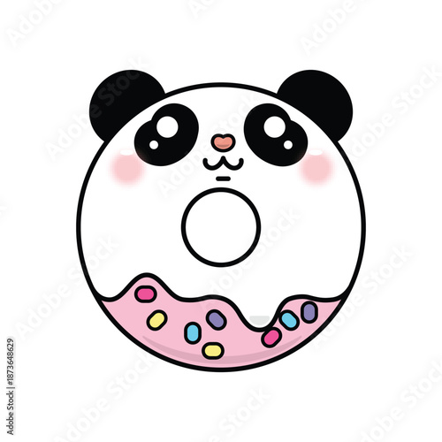 Cute kawaii panda donut vector illustration. Adorable cartoon animal face on a sweet pastry ring. Funny dessert character with pink icing and sprinkles isolated on white background.
