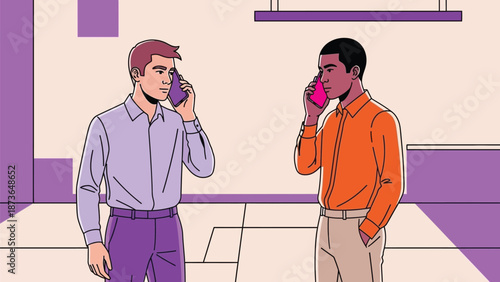 Diverse professionals engaging in digital conversations via mobile phones within a contemporary