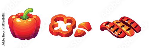 Vector cartoon image of sliced red bell pepper with colorful glow effect