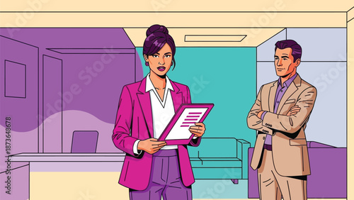 Professional business interaction in a vibrant pop art office setting with two diverse individuals