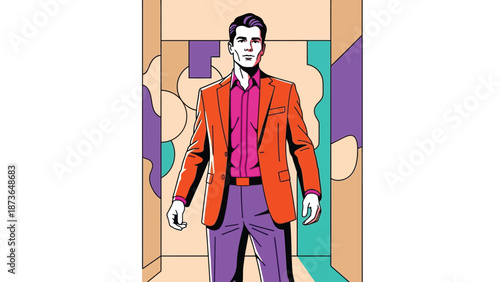 Modern vector portrait of a confident man in bold, vibrant fashion amidst a colorful abstract