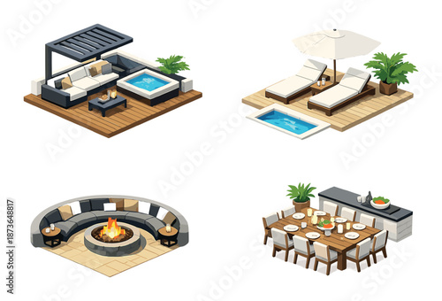 Cozy outdoor living spaces with lounge, fire pit, dining area, and poolside furniture