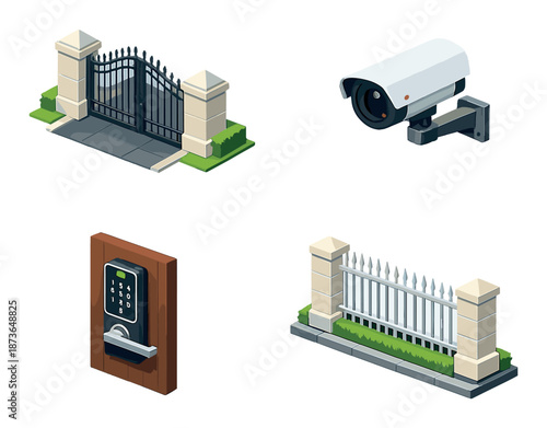 Isometric security features: gate, camera, keypad, fence