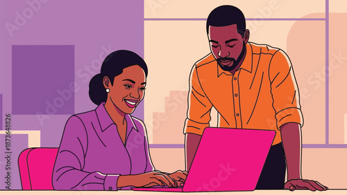 Dynamic office collaboration with diverse professionals focused on digital productivity and shared