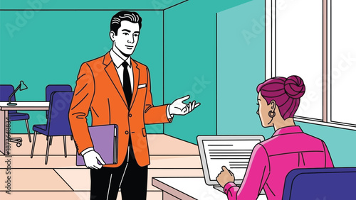 Vibrant office scene depicting a professional discussion and collaborative workflow