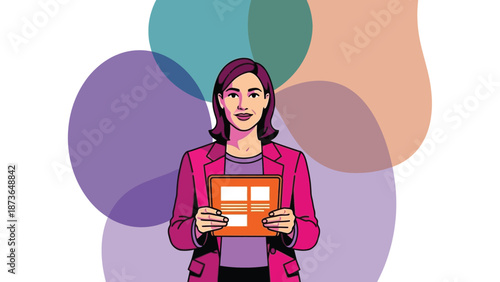 Professional Woman Illustrates Digital Information Presentation with Dynamic Abstract Background