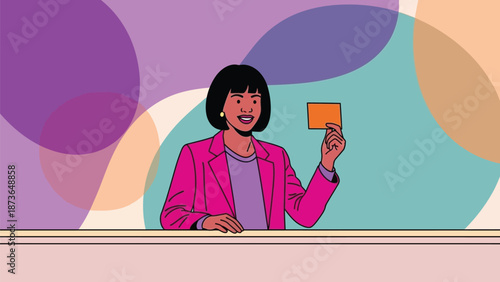 Vibrant illustration of a professional woman presenting an orange card with a cheerful expression