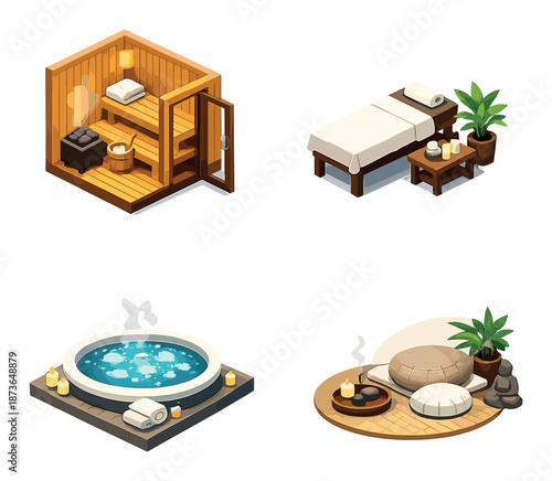 Cozy relaxation spaces: sauna, massage table, hot tub, zen area