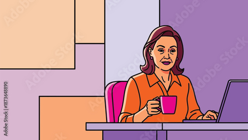 Vibrant illustration of a mature woman embracing digital productivity with a warm drink